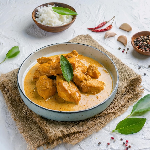 Curry di pollo in stile malese con patate kari ayam selettiva sullo sfondo bianco