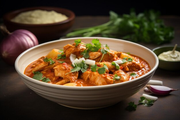 Curry di pollo piccante in una ciotola bianca