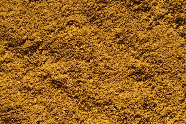 Curry giallo secco incluso curcuma macinata cumino coriandolo zenzero e peperoncini secchi Texture o macro di sfondo