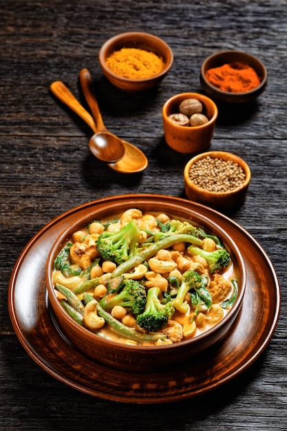 Curry vegetariano di cocco con ceci, fagiolini, cavolfiori e broccoli in una ciotola rustica su un tavolo di legno scuro con spezie, vista verticale, cucina indiana