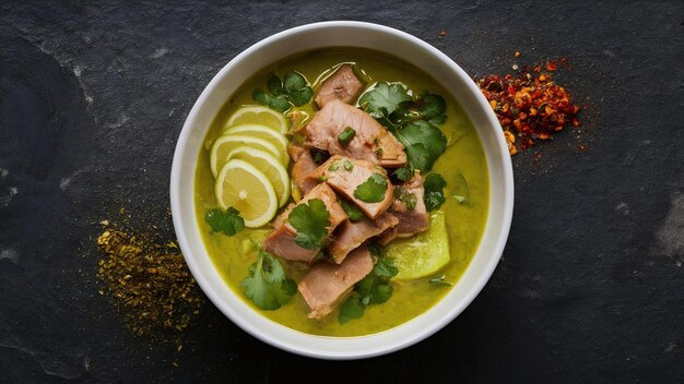 Curry verde di maiale in una ciotola bianca con spezie su uno sfondo di cemento nero