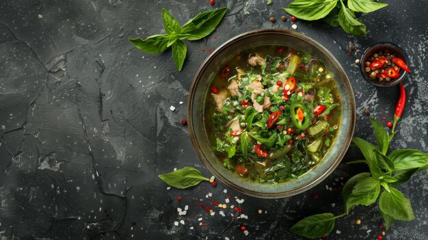 Curry verde di pollo, cibo asiatico, curry verde di manzo, cibo thailandese su una ciotola di zuppa con una miscela di erbe, verdure e spezie di peperoncino rosso thailandese.