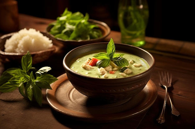 curry verde piccante con pollo e riso al gelsomino in un ambiente rurale thailandese rustico