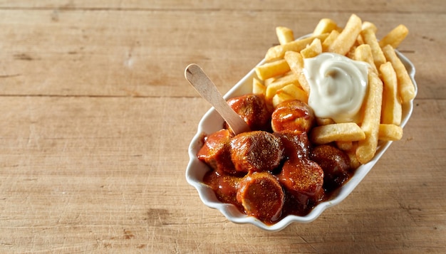 Currywurst con deliziose patatine fritte e maionese in ciotola