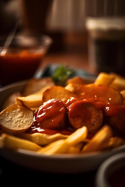 Currywurst tradizionale tedesco servito con patatine fritte