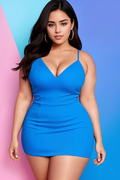 Curva di bellezza plus size donna grassa in un mini abito blu su sfondo rosaCapelli scuri lunghiArte della moda creativa digitale