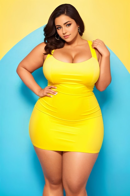 Curva di bellezza plus size donna in un mini abito giallo su sfondo bluDigital creative fashion designer artAI illustration