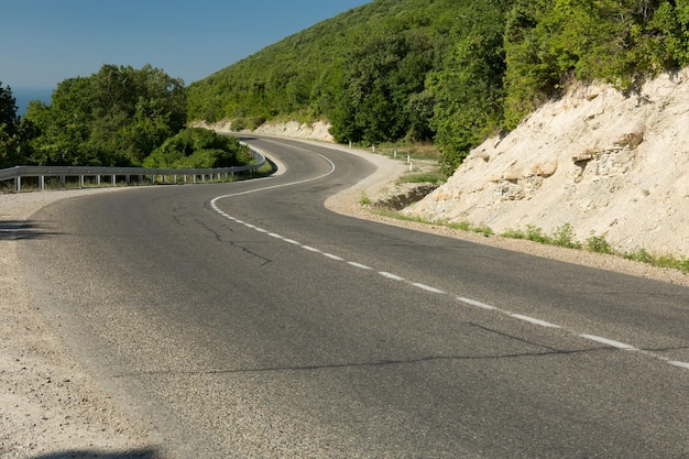 Curva strada asfaltata scappando tra montagne rocciose con alberi verdi