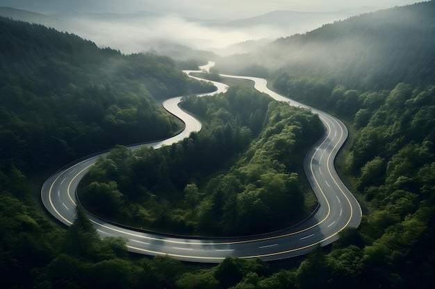 curva vista aerea della strada tortuosa in montagna con alberi generati dall'IA