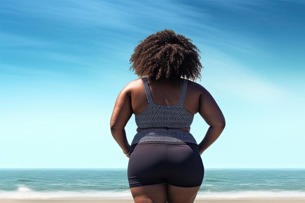 Curvy donna afroamericana che cammina sulla spiaggia