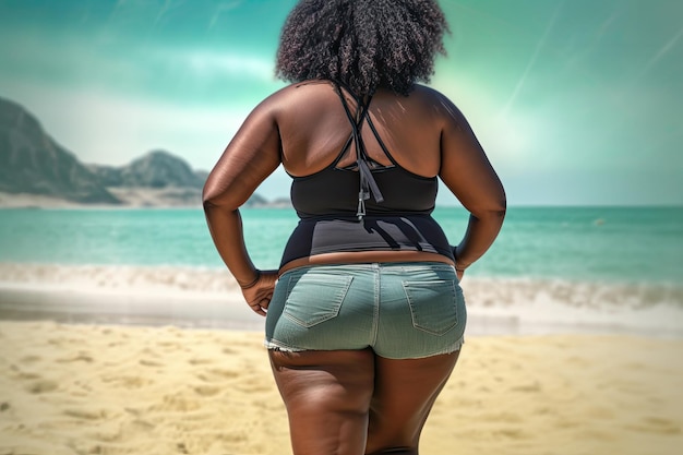 Curvy donna afroamericana che cammina sulla spiaggia