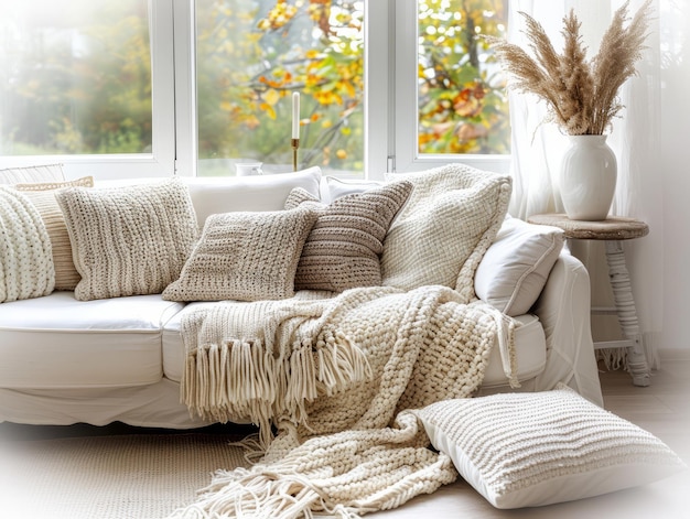 Cushioni bianchi e coperta di colore crema su un divano bianco contro la finestra in stile scandinavo interno