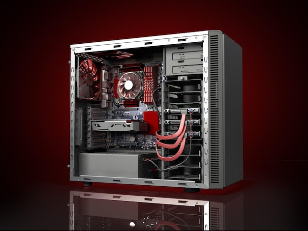 custodia aperta per PC con parti interne, scheda madre, raffreddatore, scheda video, alimentazione, unità HDD, rendering 3D in rosso scuro