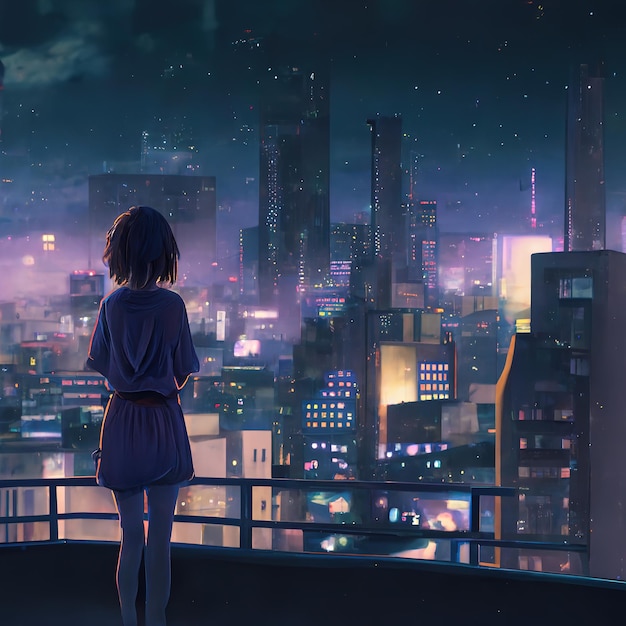 Cute Anime donna guardando il paesaggio urbano di notte Un'illustrazione 3D in stile Manga lofi triste e lunatico