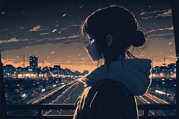 Cute Anime donna guardando il paesaggio urbano di notte Un triste moody Manga stile lofi