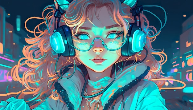 Cute anime girl in cuffia musica illustrazione Illustrazione creativa Ai Genera