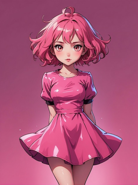 Cute Anime Girl in Pink Dress Illustrazione di sfondo di moda