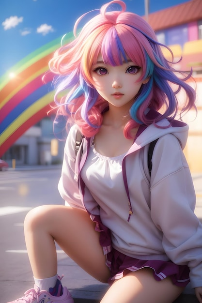 Cute Anime Girl with Rainbow Hair Rainbow Colorful Anime Beautiful Anime Girl Cute Anime Girl Anime Girl AI Generative