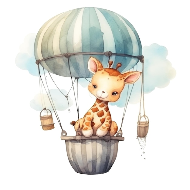 Cute Baby Giraffe in Hot Air Balloon Acquerell Clipart per la decorazione della nursery del compleanno del bambino