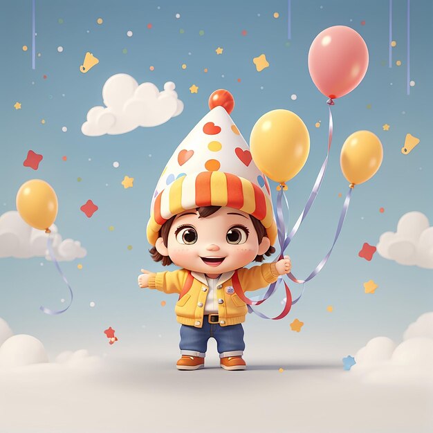 Cute Baby Holding Balloon New Year Party 2024 On Cloud Cartoon VectorIcon Illustration People Holiday Icon Concept Isola ted Premium Vector Flat Cartoon Style