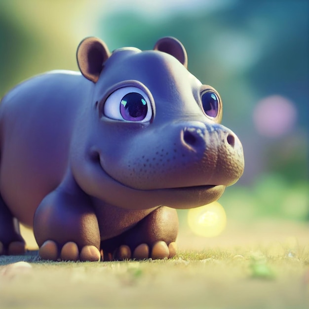 Cute baby ippopotamo ippopotamo con grandi occhi rendering 3D fumetto illustrazione