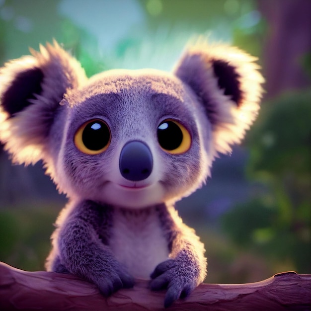 Cute baby koala nell'habitat naturale animale australiano rendering 3D fumetto illustrazione