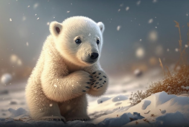 Cute baby orso polare nella neve inverno IA generativa