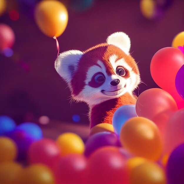 Cute baby panda rosso con palloncini buon compleanno biglietto di auguri rendering 3D fumetto illustrazione