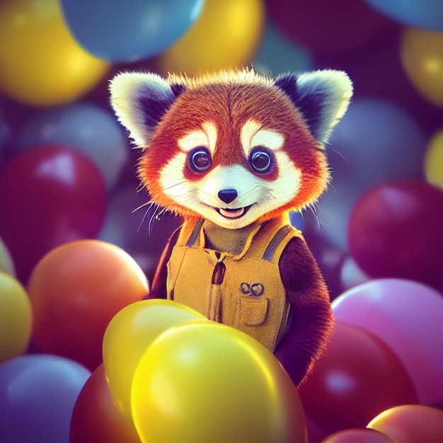 Cute baby panda rosso con palloncini buon compleanno biglietto di auguri rendering 3D fumetto illustrazione