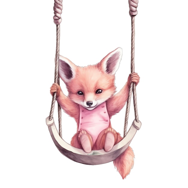 Cute baby Pink Fox sull'illustrazione dell'acquerello della culla dell'oscillazione