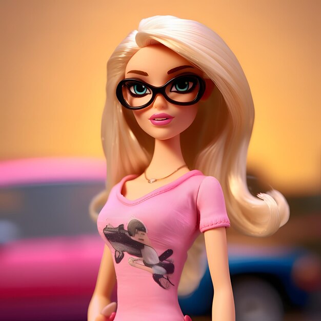 Cute blondie Barbie indossa camicetta rosa su sfondo sfocato Vista laterale