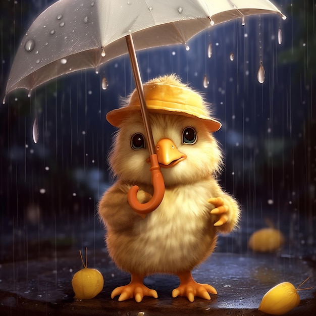 Cute Cartoon Baby Chicken con ombrello sotto la pioggia IA generativa
