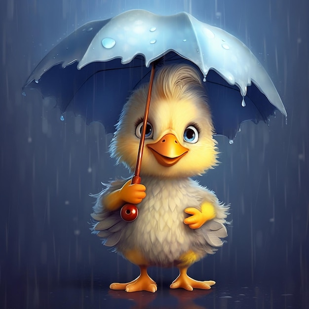 Cute Cartoon Baby Chicken con ombrello sotto la pioggia IA generativa