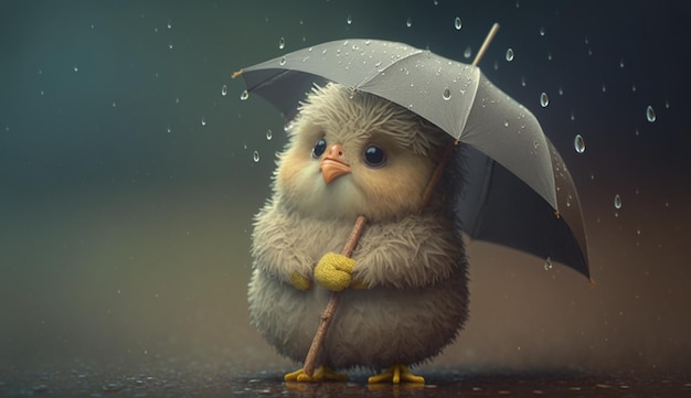 Cute Cartoon Baby Chicken con ombrello sotto la pioggia IA generativa