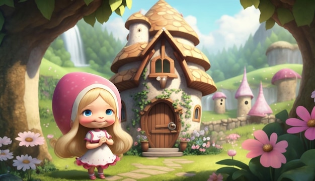 Cute Cartoon Fairy Princess in un villaggio delle fate IA generativa