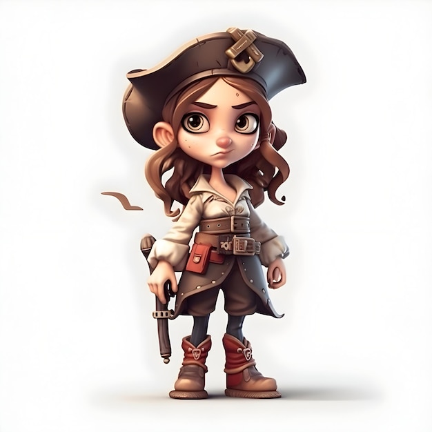 Cute cartoon girl in costume da pirata Rendering 3D Sfondo bianco