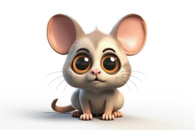 Cute Cartoon Mouse Cat con occhi molto grandi Sfondo bianco IA generativa