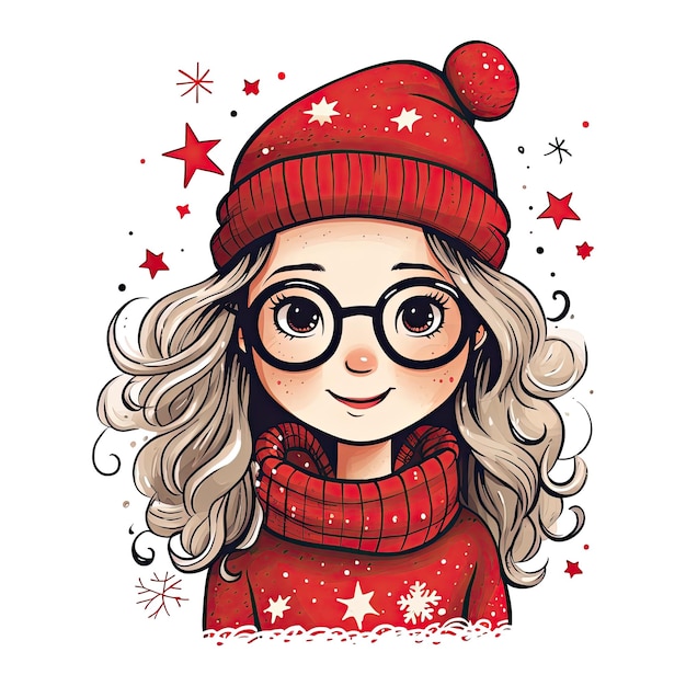 Cute cartoon ragazza cappello di Babbo Natale Buon Natale illustrazione ad acquerello isolato sfondo