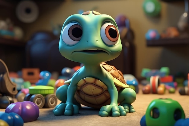 Cute Cartoon Turtle con occhi molto grandi e fissando verso l'alto con una stanza di giocattoli Generative AI