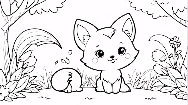 Cute Chibi Fox Line Art Disegnato a mano Kawaii Illustrazione di libri da colorare per bambini