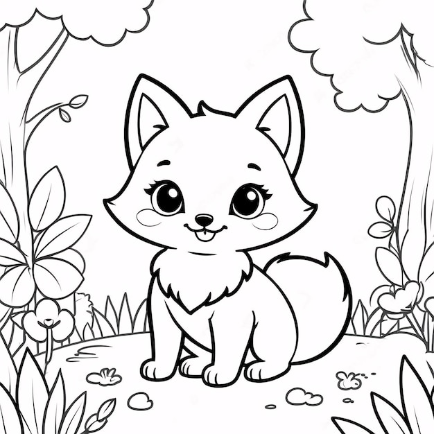 Cute Chibi Fox Line Art Disegnato a mano Kawaii Illustrazione di libri da colorare per bambini