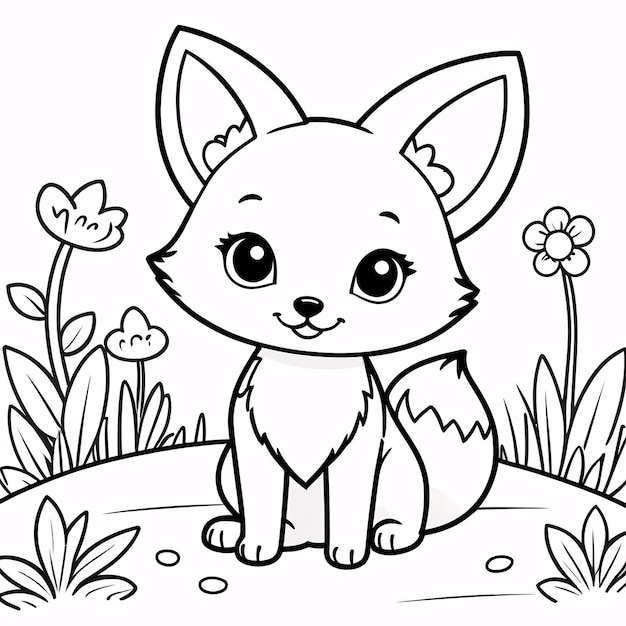 Cute Chibi Fox Line Art Disegnato a mano Kawaii Illustrazione di libri da colorare per bambini