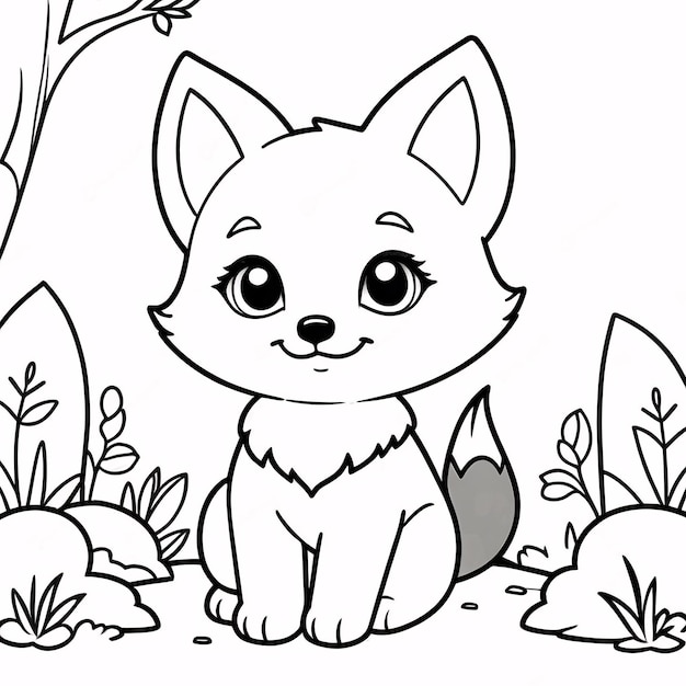 Cute Chibi Fox Line Art Disegnato a mano Kawaii Illustrazione di libri da colorare per bambini