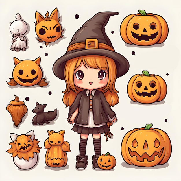Cute Clipart collezione Halloween zucche e ragazza