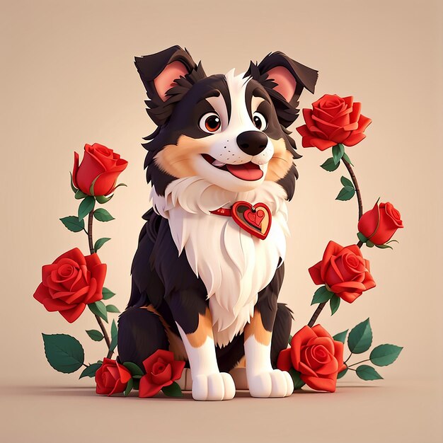 Cute Collie Dog With Red Rose Cartoon Icon Vector Illustrazione Animal Romance Icon Concept Isolato Premium Vector Flat Cartoon Style