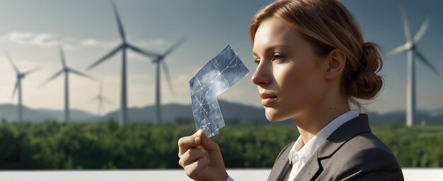 Cute donne d'affari che mostrano il trionfo delle energie rinnovabili attraverso una doppia esposizione con immagini vibranti su ISO