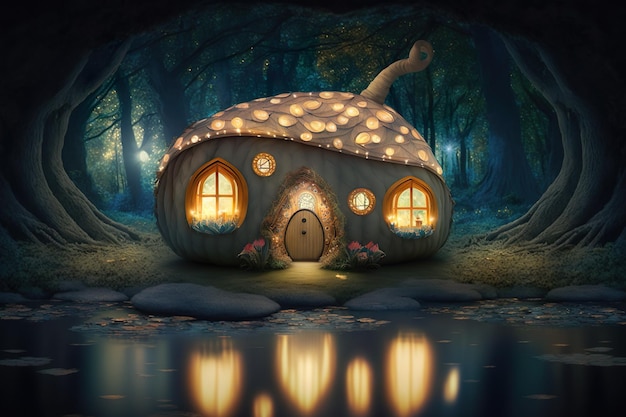 Cute Fantasy House Piccolo cottage da fiaba nella foresta magica Generato AI