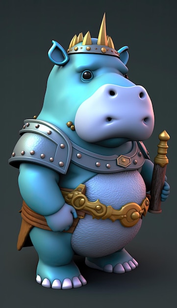 Cute Hippopotamus Animal Warrior Modello di gioco 3D Generative AI