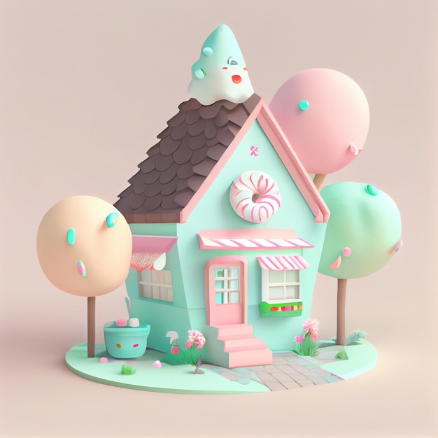 Cute kawaii house 3d render illustrazione in colori pastello