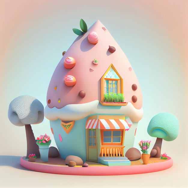 Cute kawaii house 3d render illustrazione in colori pastello